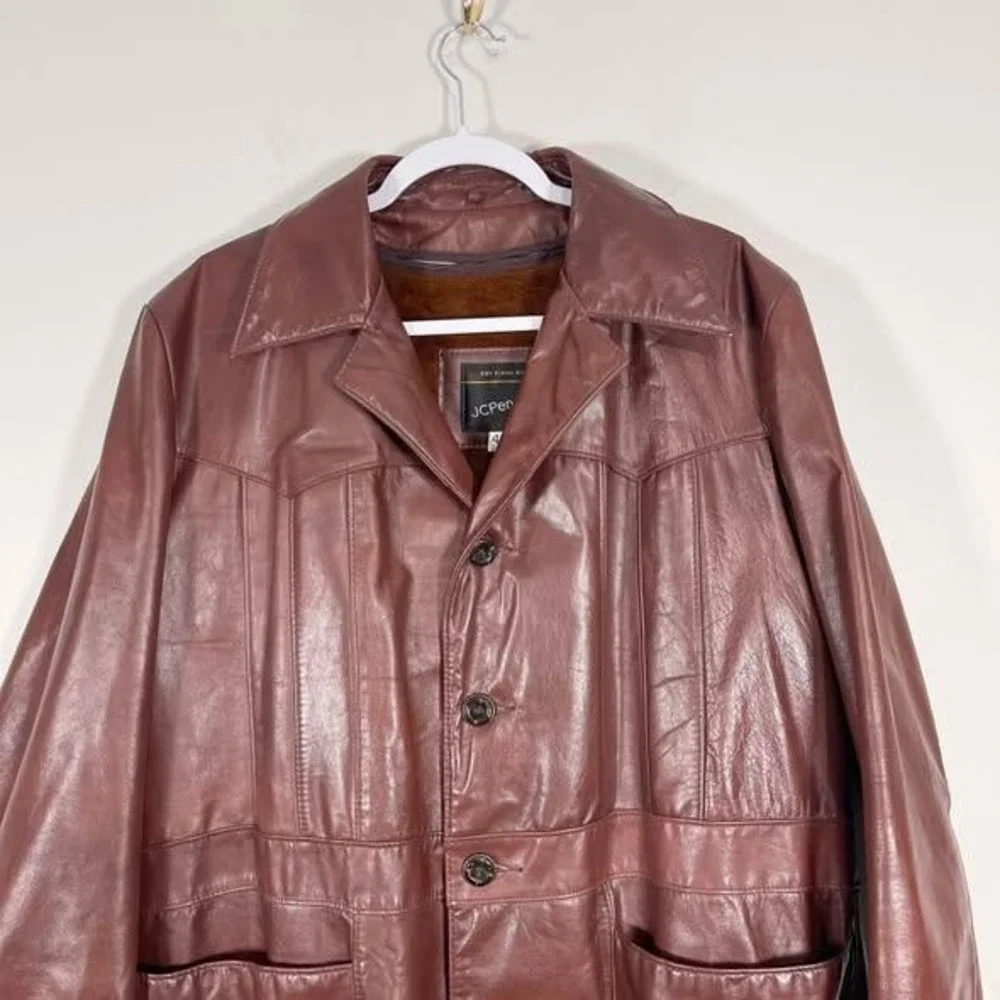 VTG JC Penny‎ Leather Jacket Mens 44 Brown Zip Out Faux Fur Lined 80s Retro